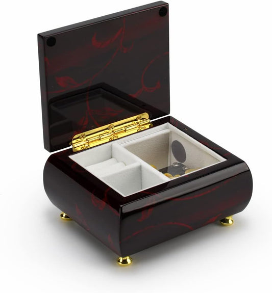 MusicBoxAttic - Burgundy Beveled Top Wooden Music Jewelry Box Musical Jewelry Box with Artistic Floral Motif - 18-Note Mechanical Movement - 5" L x 4.5" W x 2.5" H (Yellow Submarine)