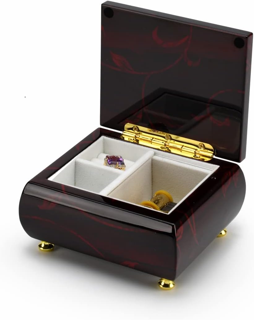 MusicBoxAttic - Burgundy Beveled Top Wooden Music Jewelry Box Musical Jewelry Box with Artistic Floral Motif - 18-Note Mechanical Movement - 5" L x 4.5" W x 2.5" H (Yellow Submarine)