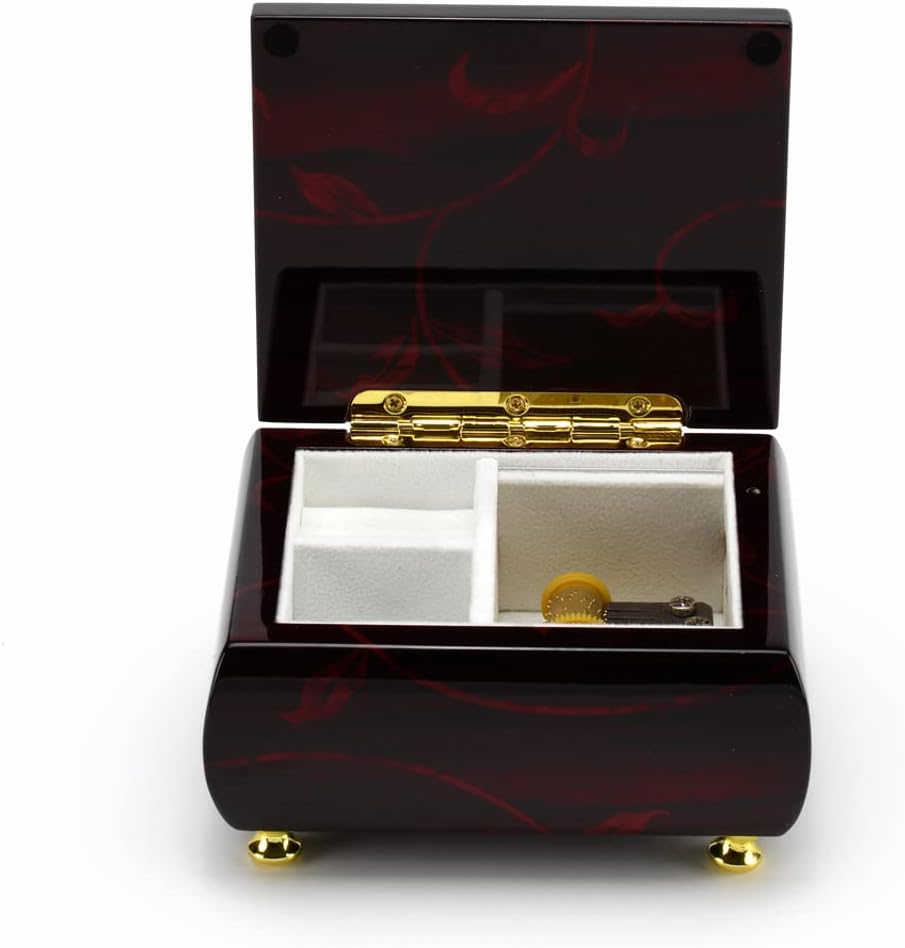 MusicBoxAttic - Burgundy Beveled Top Wooden Music Jewelry Box Musical Jewelry Box with Artistic Floral Motif - 18-Note Mechanical Movement - 5" L x 4.5" W x 2.5" H (Yellow Submarine)