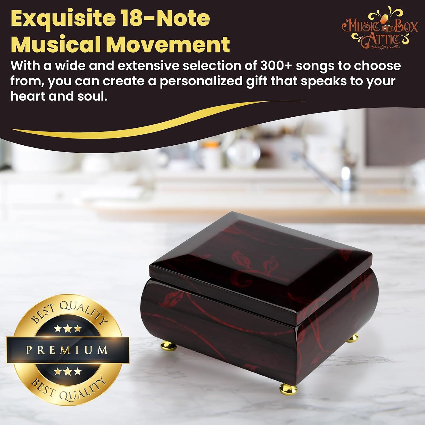 MusicBoxAttic - Burgundy Beveled Top Wooden Music Jewelry Box Musical Jewelry Box with Artistic Floral Motif - 18-Note Mechanical Movement - 5" L x 4.5" W x 2.5" H (Yellow Submarine)