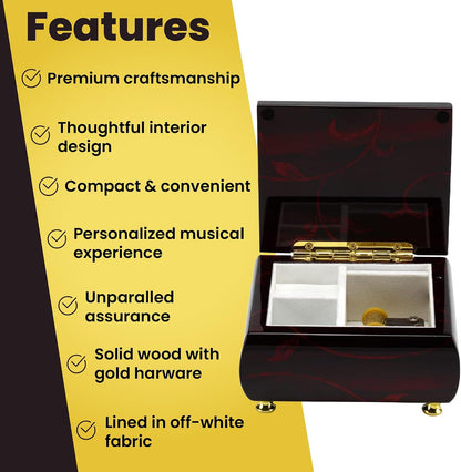 MusicBoxAttic - Burgundy Beveled Top Wooden Music Jewelry Box Musical Jewelry Box with Artistic Floral Motif - 18-Note Mechanical Movement - 5" L x 4.5" W x 2.5" H (Yellow Submarine)