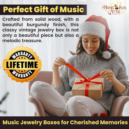 MusicBoxAttic - Burgundy Beveled Top Wooden Music Jewelry Box Musical Jewelry Box with Artistic Floral Motif - 18-Note Mechanical Movement - 5" L x 4.5" W x 2.5" H (Yellow Submarine)