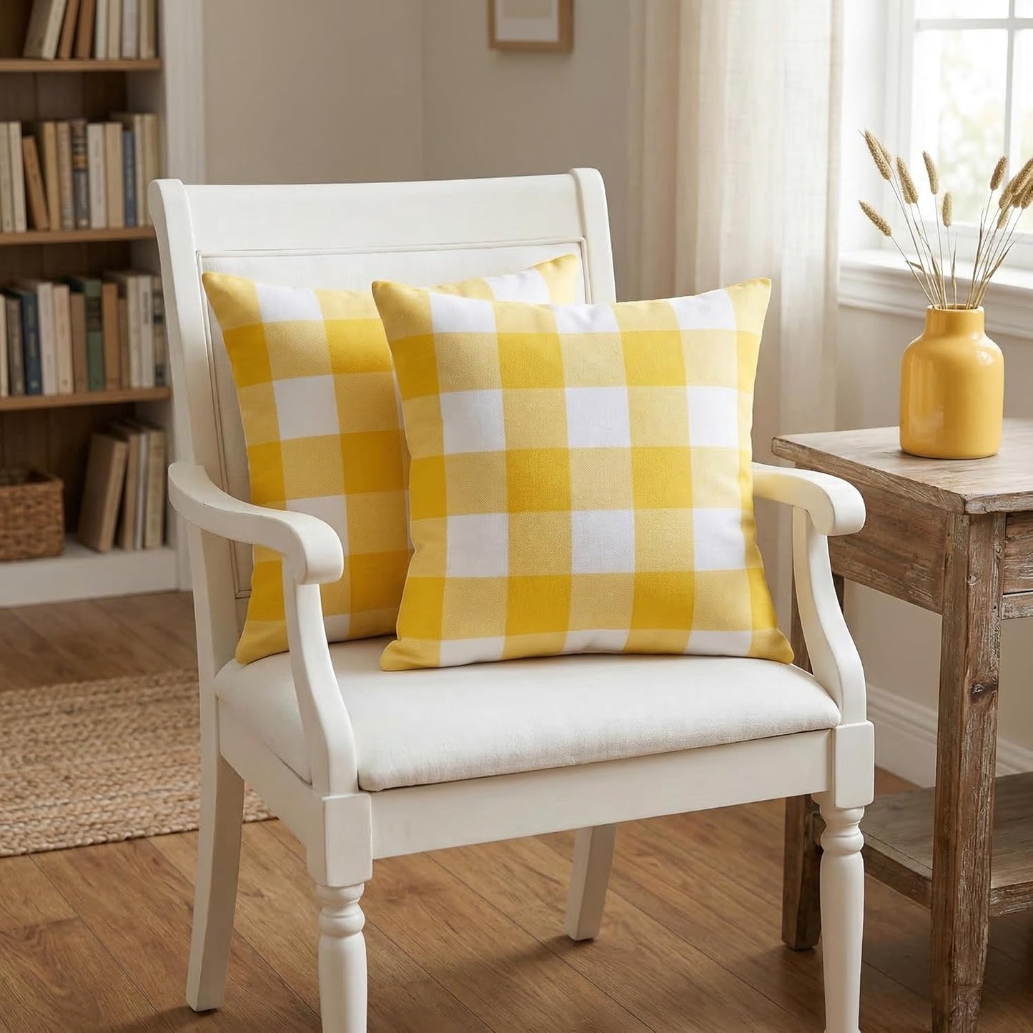 Lemon Yellow and White Buffalo Check Plaid Throw Pillow Covers Farmhouse Decorative Throw Pillow Case Indoor Outdoor Cushion Cover Pillowcase for Sofa 18 x 18 Inch Set of 2
