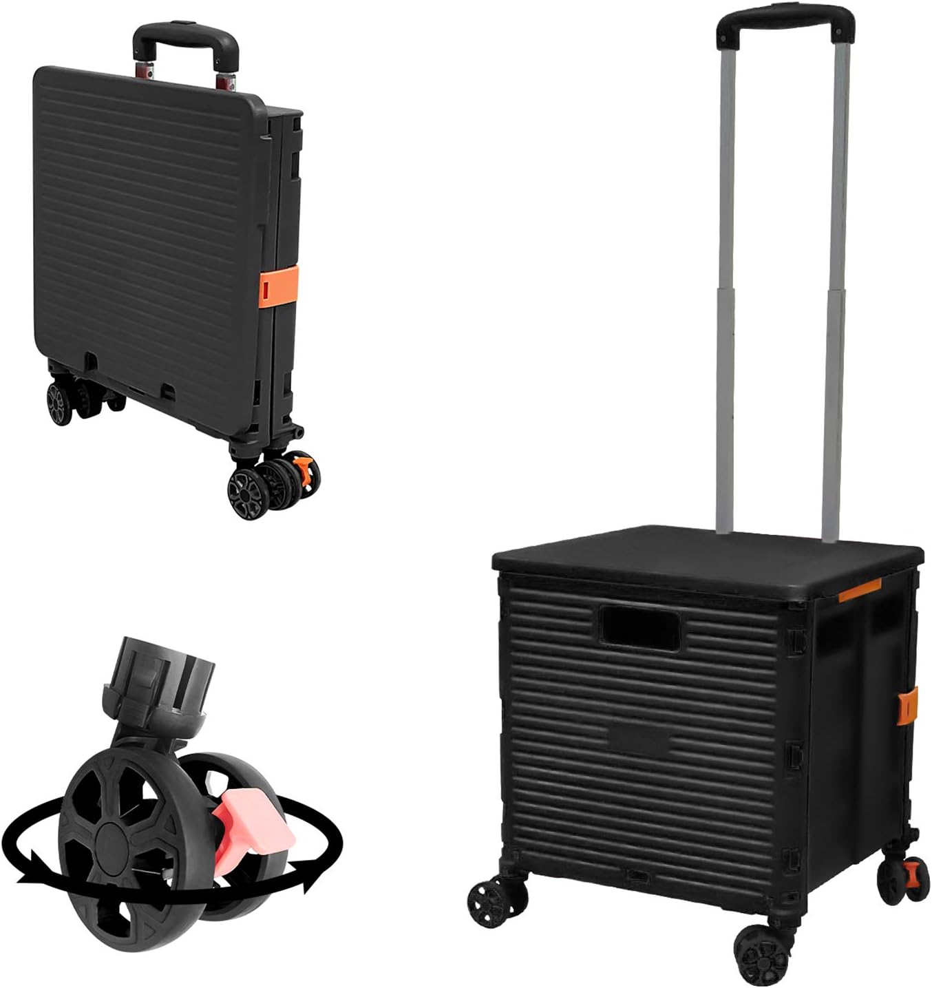 SELORSS Foldable Utility Cart Folding Portable Rolling Crate-Yellow | Durable,Heavy Duty,Plastic Box,Telescoping Handle,4 Rotate Wheels,Collapsible Handcart for Travel Shop Move Luggage Office