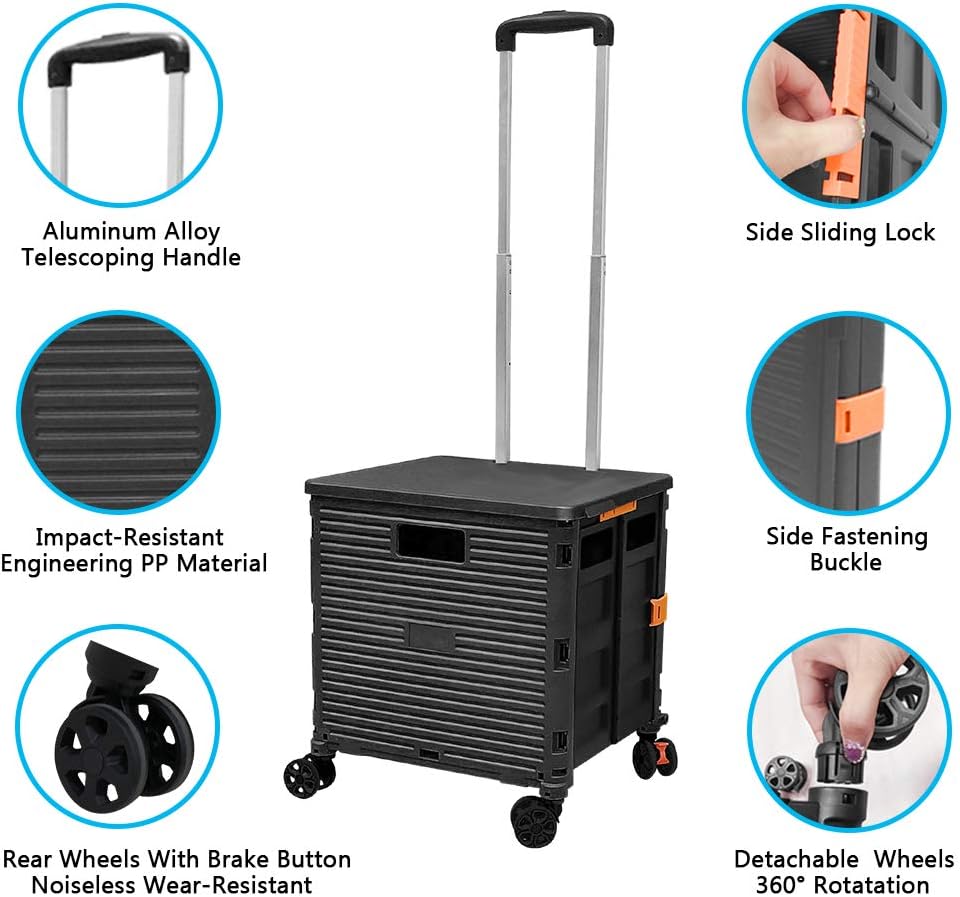 SELORSS Foldable Utility Cart Folding Portable Rolling Crate-Yellow | Durable,Heavy Duty,Plastic Box,Telescoping Handle,4 Rotate Wheels,Collapsible Handcart for Travel Shop Move Luggage Office