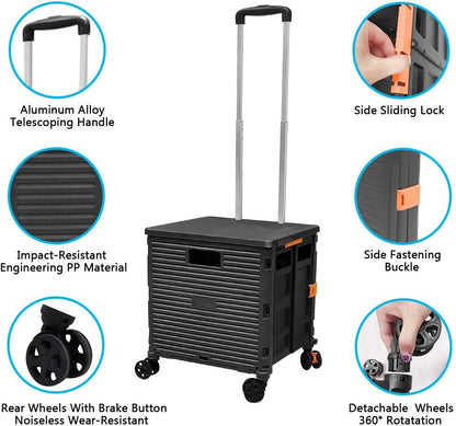 SELORSS Foldable Utility Cart Folding Portable Rolling Crate-Yellow | Durable,Heavy Duty,Plastic Box,Telescoping Handle,4 Rotate Wheels,Collapsible Handcart for Travel Shop Move Luggage Office