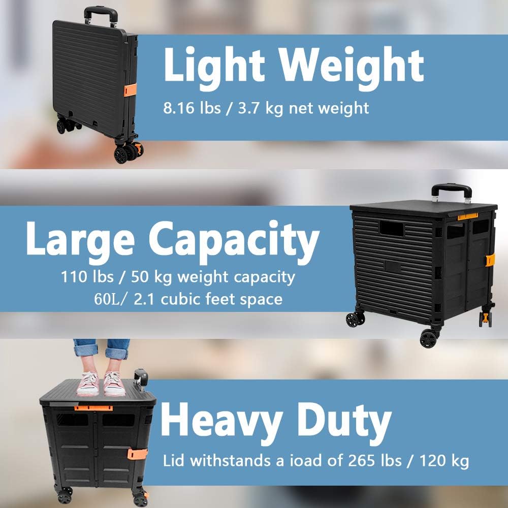 SELORSS Foldable Utility Cart Folding Portable Rolling Crate-Yellow | Durable,Heavy Duty,Plastic Box,Telescoping Handle,4 Rotate Wheels,Collapsible Handcart for Travel Shop Move Luggage Office