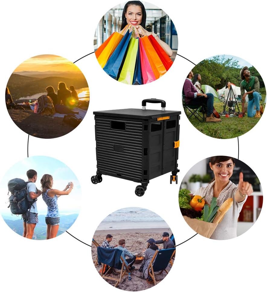 SELORSS Foldable Utility Cart Folding Portable Rolling Crate-Yellow | Durable,Heavy Duty,Plastic Box,Telescoping Handle,4 Rotate Wheels,Collapsible Handcart for Travel Shop Move Luggage Office