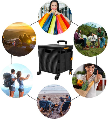 SELORSS Foldable Utility Cart Folding Portable Rolling Crate-Yellow | Durable,Heavy Duty,Plastic Box,Telescoping Handle,4 Rotate Wheels,Collapsible Handcart for Travel Shop Move Luggage Office