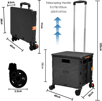 SELORSS Foldable Utility Cart Folding Portable Rolling Crate-Yellow | Durable,Heavy Duty,Plastic Box,Telescoping Handle,4 Rotate Wheels,Collapsible Handcart for Travel Shop Move Luggage Office