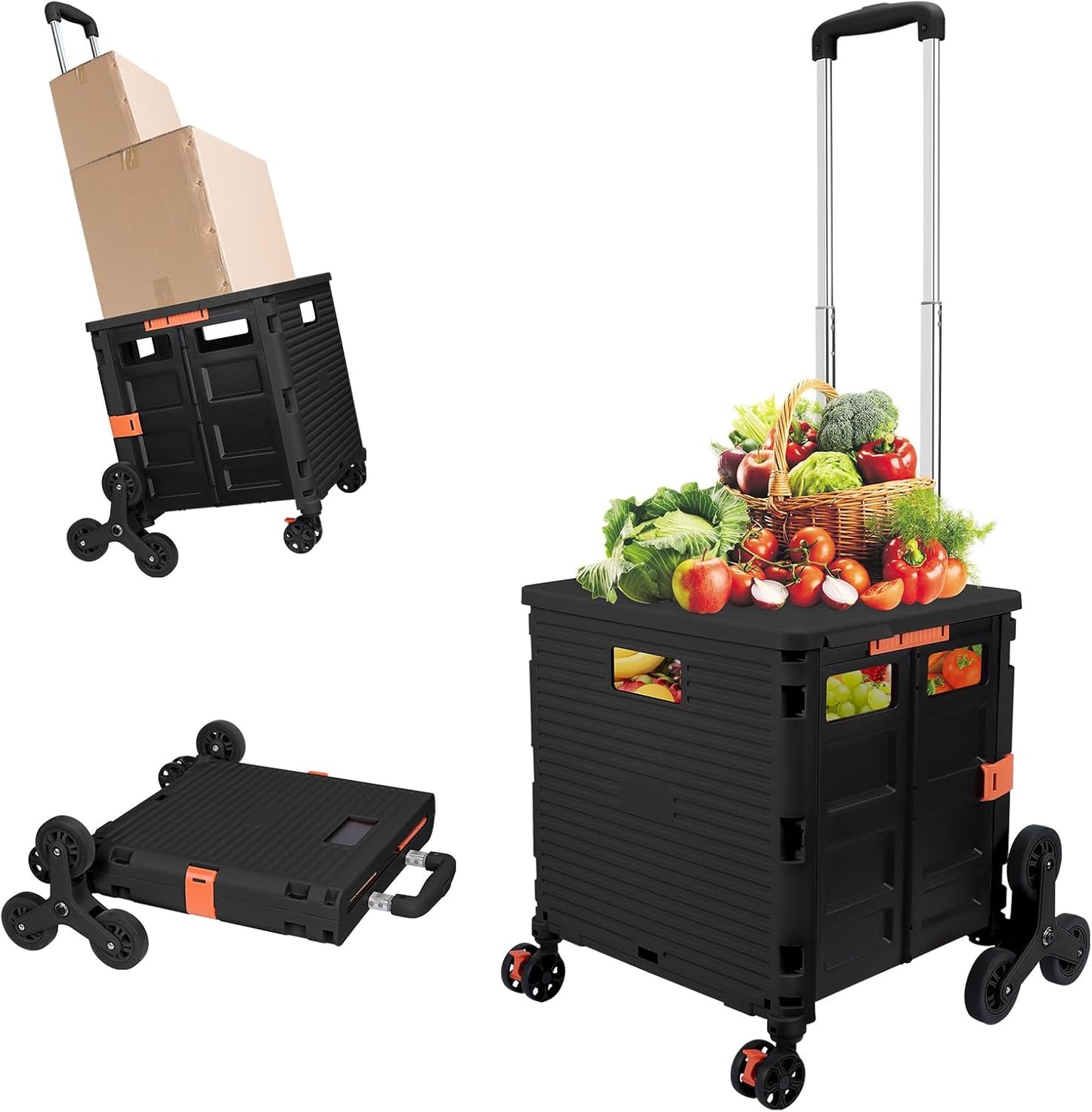 SELORSS Foldable Utility Cart Folding Portable Rolling Crate-Yellow | Durable,Heavy Duty,Plastic Box,Telescoping Handle,4 Rotate Wheels,Collapsible Handcart for Travel Shop Move Luggage Office