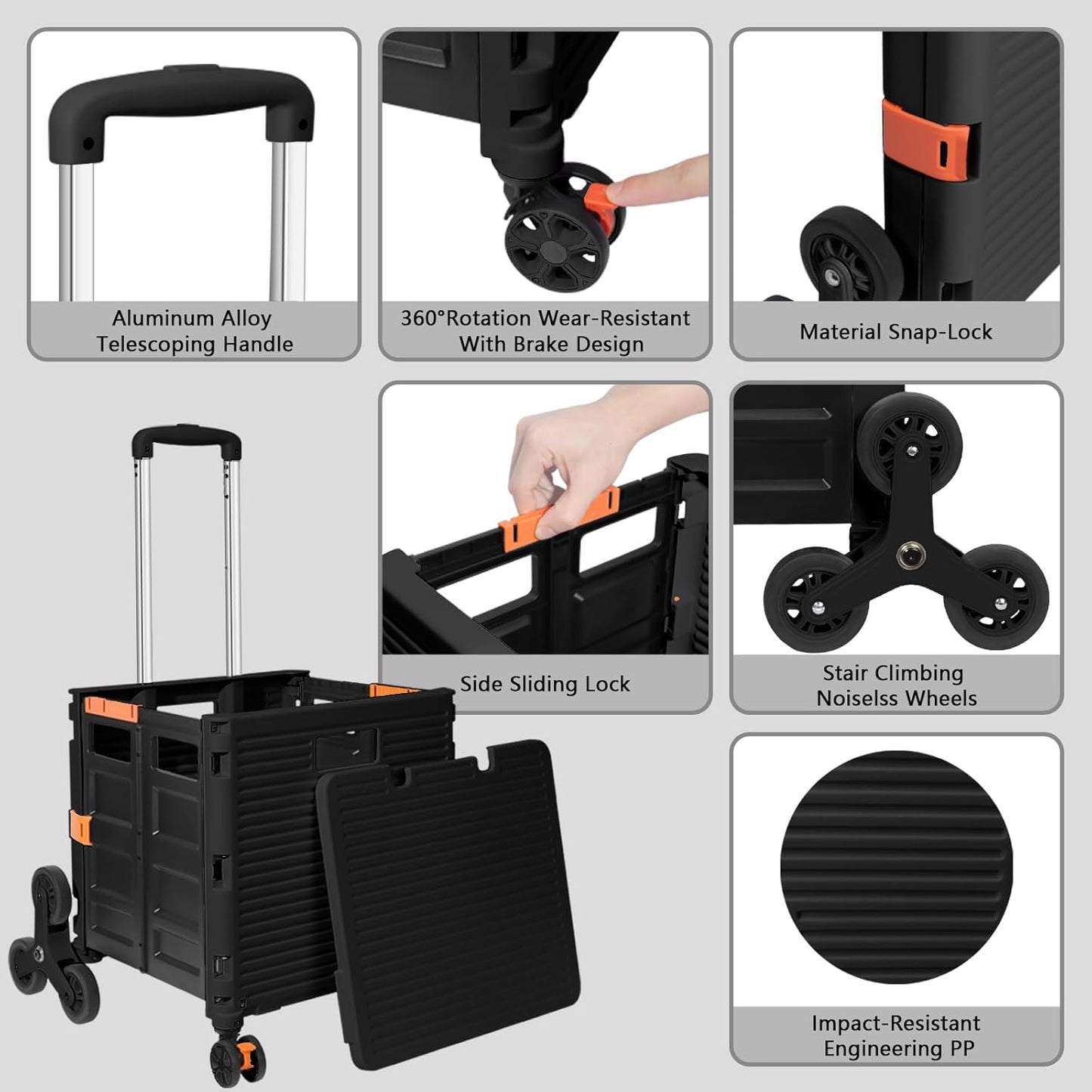 SELORSS Foldable Utility Cart Folding Portable Rolling Crate-Yellow | Durable,Heavy Duty,Plastic Box,Telescoping Handle,4 Rotate Wheels,Collapsible Handcart for Travel Shop Move Luggage Office