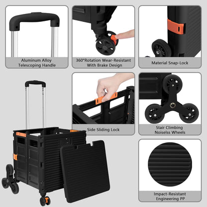 SELORSS Foldable Utility Cart Folding Portable Rolling Crate-Yellow | Durable,Heavy Duty,Plastic Box,Telescoping Handle,4 Rotate Wheels,Collapsible Handcart for Travel Shop Move Luggage Office