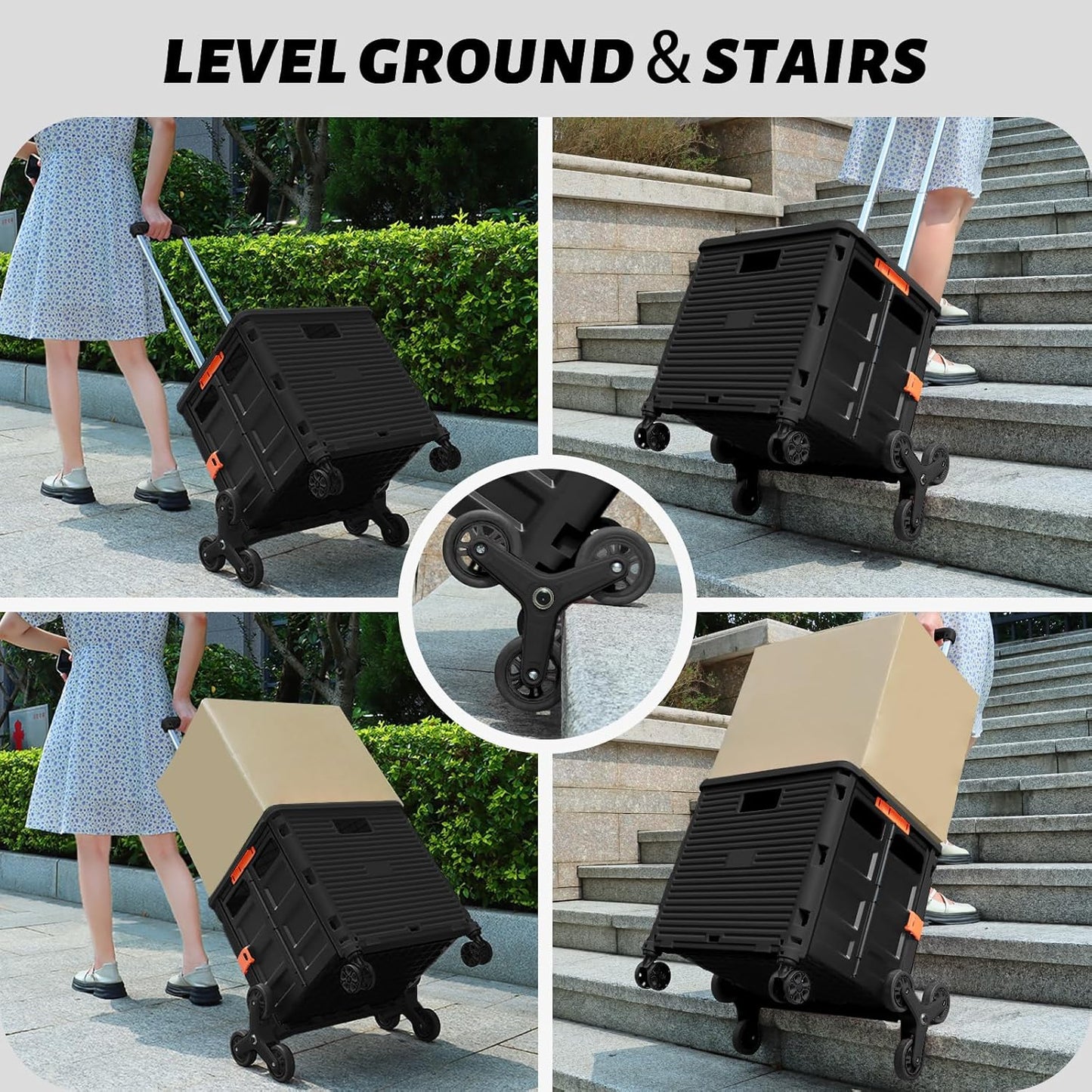 SELORSS Foldable Utility Cart Folding Portable Rolling Crate-Yellow | Durable,Heavy Duty,Plastic Box,Telescoping Handle,4 Rotate Wheels,Collapsible Handcart for Travel Shop Move Luggage Office