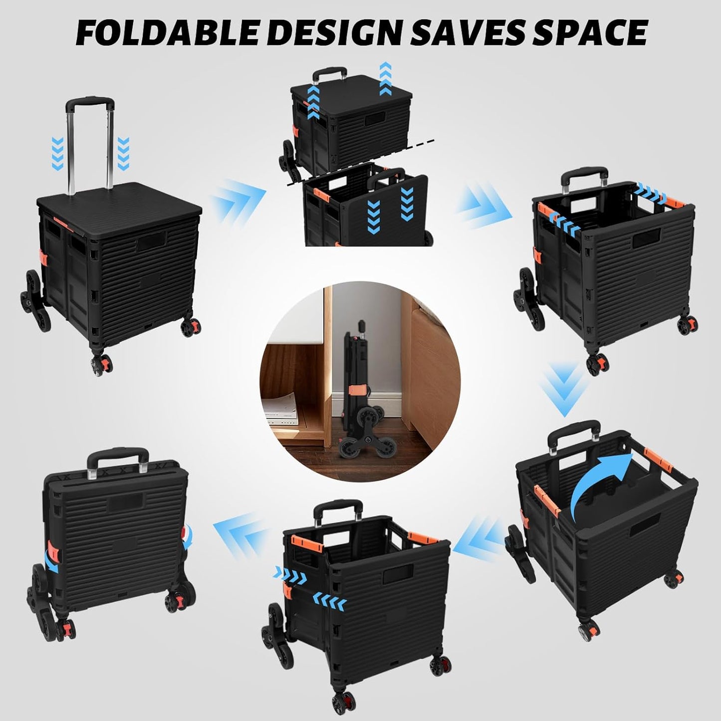 SELORSS Foldable Utility Cart Folding Portable Rolling Crate-Yellow | Durable,Heavy Duty,Plastic Box,Telescoping Handle,4 Rotate Wheels,Collapsible Handcart for Travel Shop Move Luggage Office