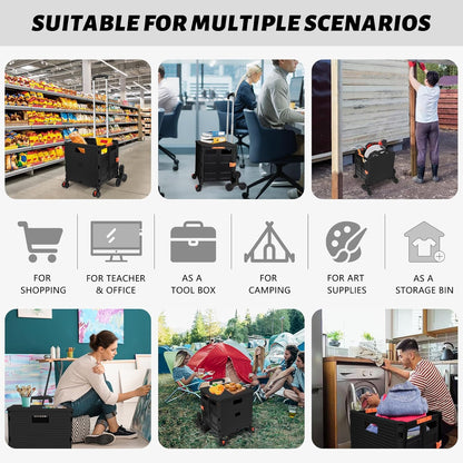 SELORSS Foldable Utility Cart Folding Portable Rolling Crate-Yellow | Durable,Heavy Duty,Plastic Box,Telescoping Handle,4 Rotate Wheels,Collapsible Handcart for Travel Shop Move Luggage Office