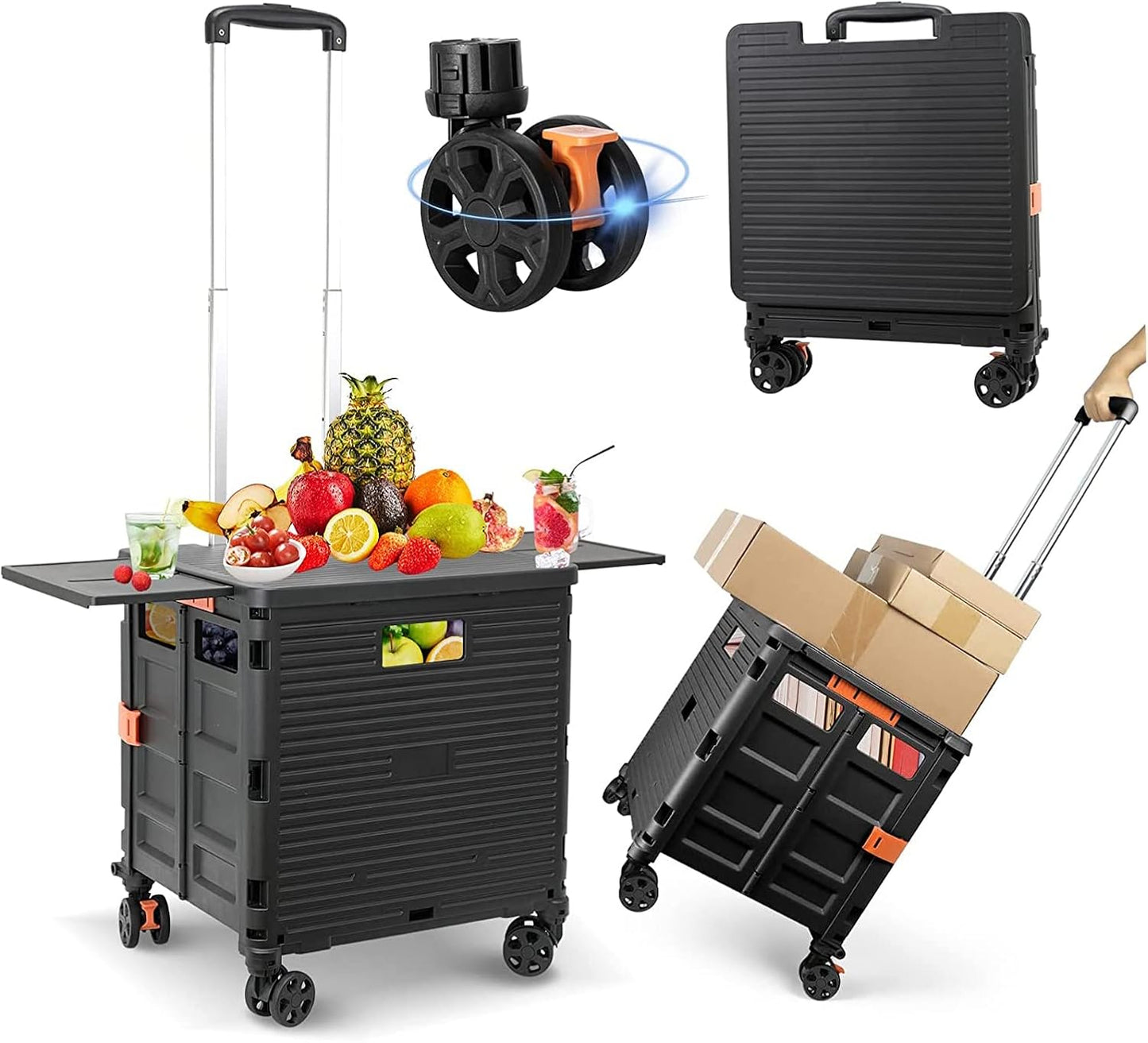 SELORSS Foldable Utility Cart Folding Portable Rolling Crate-Yellow | Durable,Heavy Duty,Plastic Box,Telescoping Handle,4 Rotate Wheels,Collapsible Handcart for Travel Shop Move Luggage Office