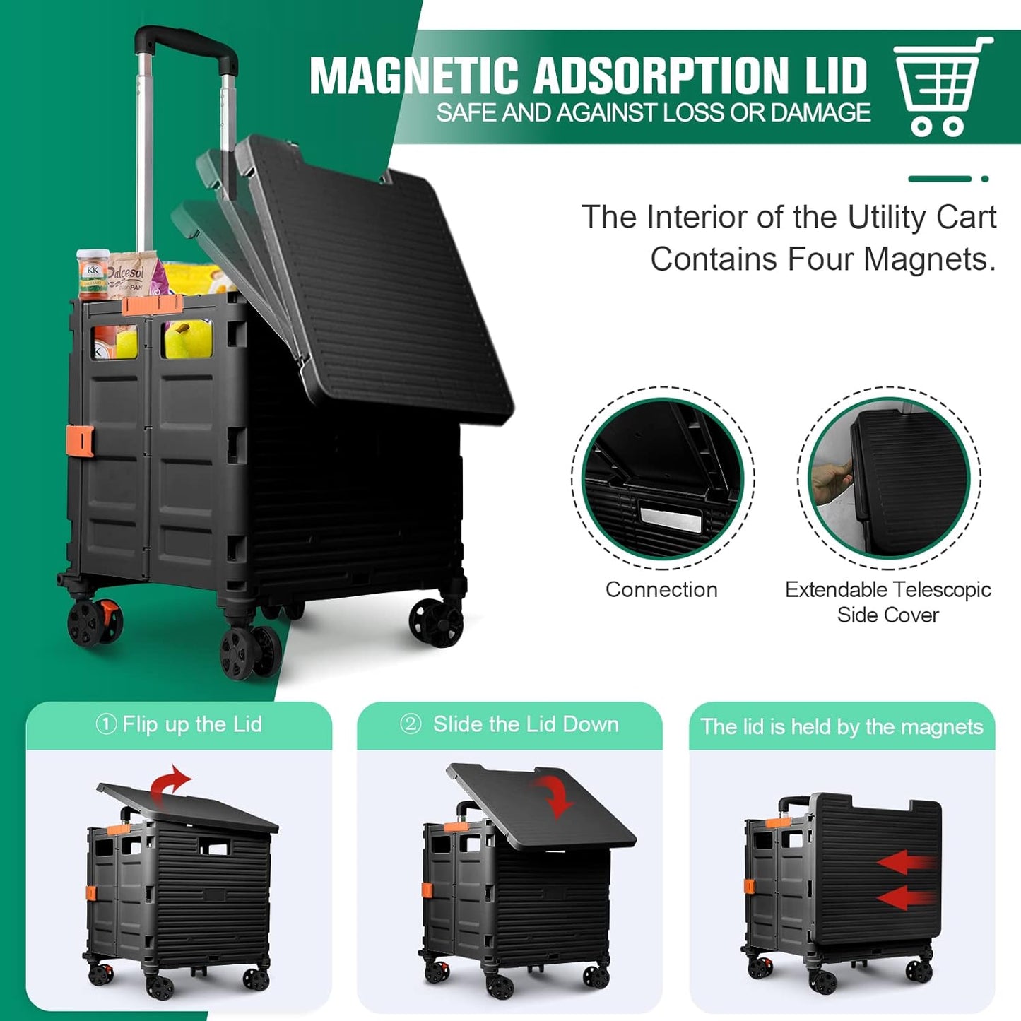SELORSS Foldable Utility Cart Folding Portable Rolling Crate-Yellow | Durable,Heavy Duty,Plastic Box,Telescoping Handle,4 Rotate Wheels,Collapsible Handcart for Travel Shop Move Luggage Office