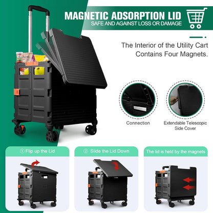 SELORSS Foldable Utility Cart Folding Portable Rolling Crate-Yellow | Durable,Heavy Duty,Plastic Box,Telescoping Handle,4 Rotate Wheels,Collapsible Handcart for Travel Shop Move Luggage Office
