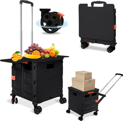 SELORSS Foldable Utility Cart Folding Portable Rolling Crate-Yellow | Durable,Heavy Duty,Plastic Box,Telescoping Handle,4 Rotate Wheels,Collapsible Handcart for Travel Shop Move Luggage Office