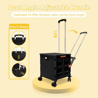 SELORSS Foldable Utility Cart Folding Portable Rolling Crate-Yellow | Durable,Heavy Duty,Plastic Box,Telescoping Handle,4 Rotate Wheels,Collapsible Handcart for Travel Shop Move Luggage Office