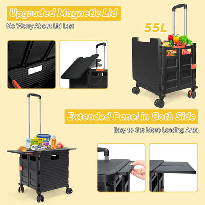 SELORSS Foldable Utility Cart Folding Portable Rolling Crate-Yellow | Durable,Heavy Duty,Plastic Box,Telescoping Handle,4 Rotate Wheels,Collapsible Handcart for Travel Shop Move Luggage Office