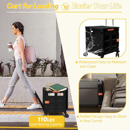 SELORSS Foldable Utility Cart Folding Portable Rolling Crate-Yellow | Durable,Heavy Duty,Plastic Box,Telescoping Handle,4 Rotate Wheels,Collapsible Handcart for Travel Shop Move Luggage Office