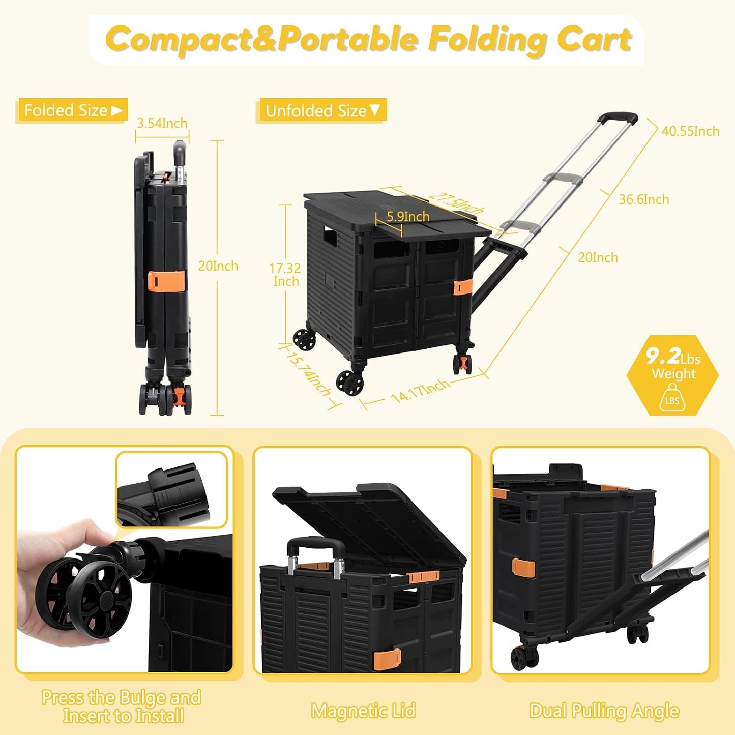 SELORSS Foldable Utility Cart Folding Portable Rolling Crate-Yellow | Durable,Heavy Duty,Plastic Box,Telescoping Handle,4 Rotate Wheels,Collapsible Handcart for Travel Shop Move Luggage Office
