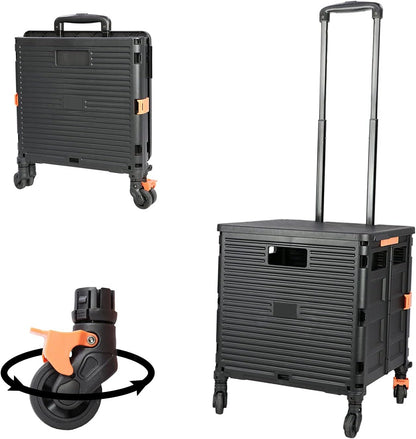 SELORSS Foldable Utility Cart Folding Portable Rolling Crate-Yellow | Durable,Heavy Duty,Plastic Box,Telescoping Handle,4 Rotate Wheels,Collapsible Handcart for Travel Shop Move Luggage Office