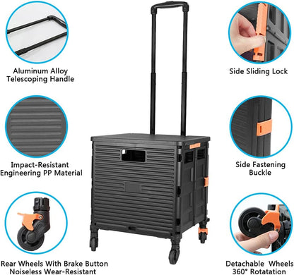 SELORSS Foldable Utility Cart Folding Portable Rolling Crate-Yellow | Durable,Heavy Duty,Plastic Box,Telescoping Handle,4 Rotate Wheels,Collapsible Handcart for Travel Shop Move Luggage Office