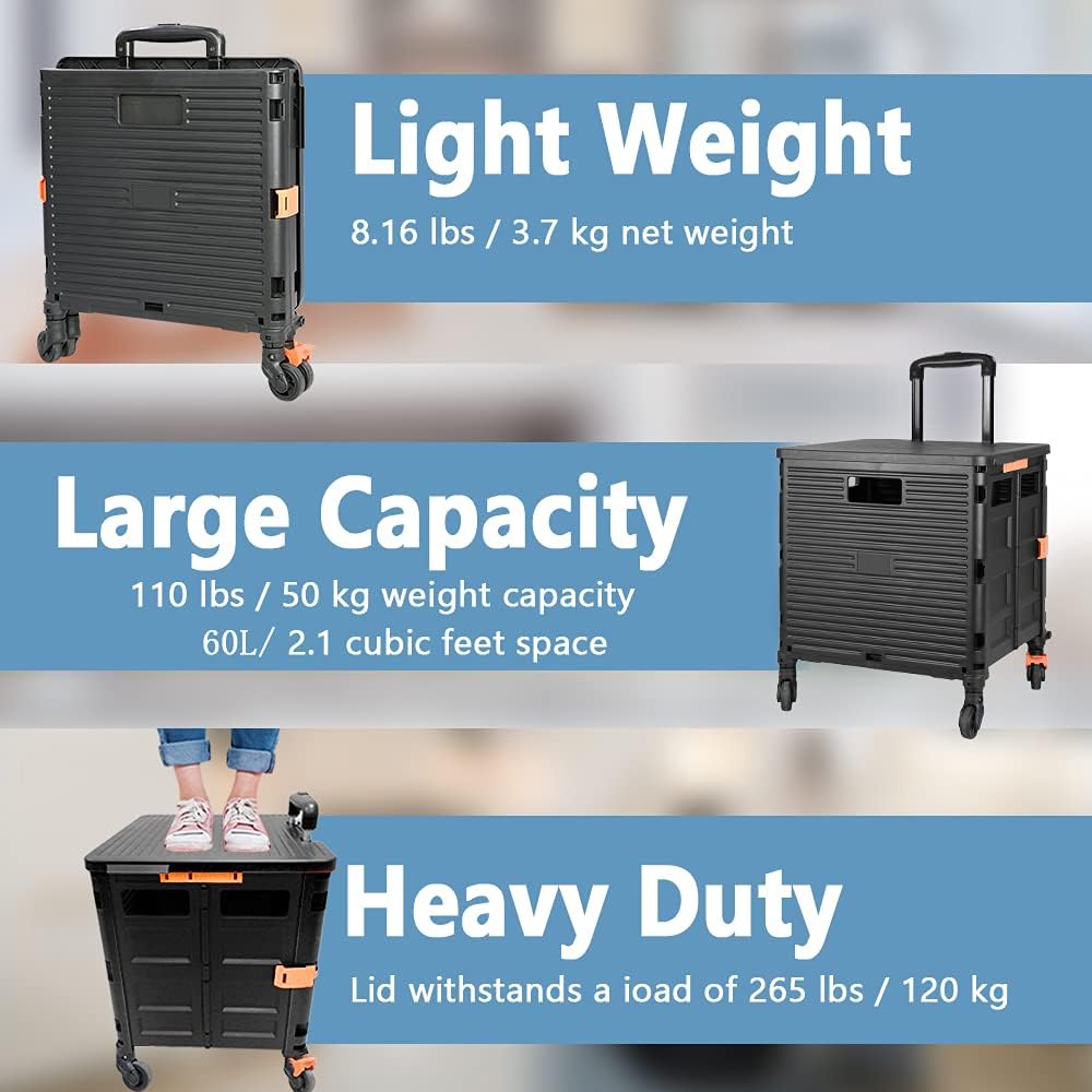 SELORSS Foldable Utility Cart Folding Portable Rolling Crate-Yellow | Durable,Heavy Duty,Plastic Box,Telescoping Handle,4 Rotate Wheels,Collapsible Handcart for Travel Shop Move Luggage Office