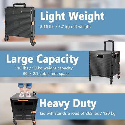 SELORSS Foldable Utility Cart Folding Portable Rolling Crate-Yellow | Durable,Heavy Duty,Plastic Box,Telescoping Handle,4 Rotate Wheels,Collapsible Handcart for Travel Shop Move Luggage Office