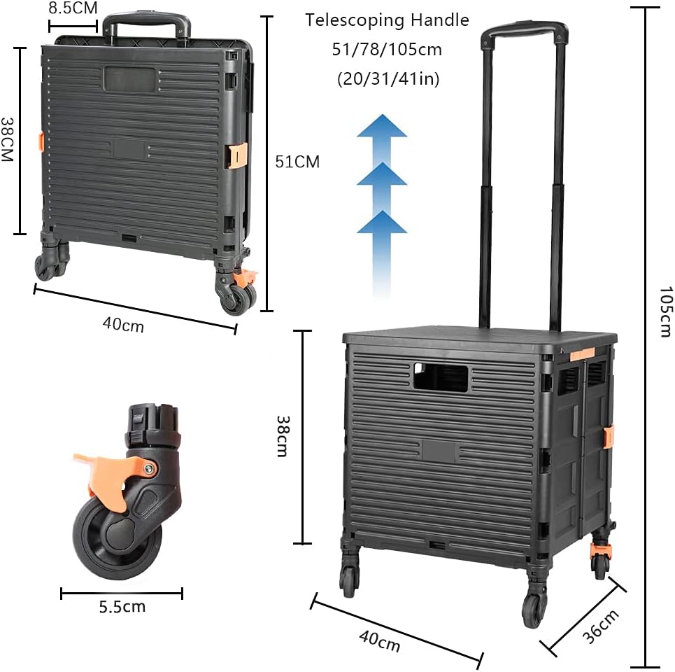 SELORSS Foldable Utility Cart Folding Portable Rolling Crate-Yellow | Durable,Heavy Duty,Plastic Box,Telescoping Handle,4 Rotate Wheels,Collapsible Handcart for Travel Shop Move Luggage Office