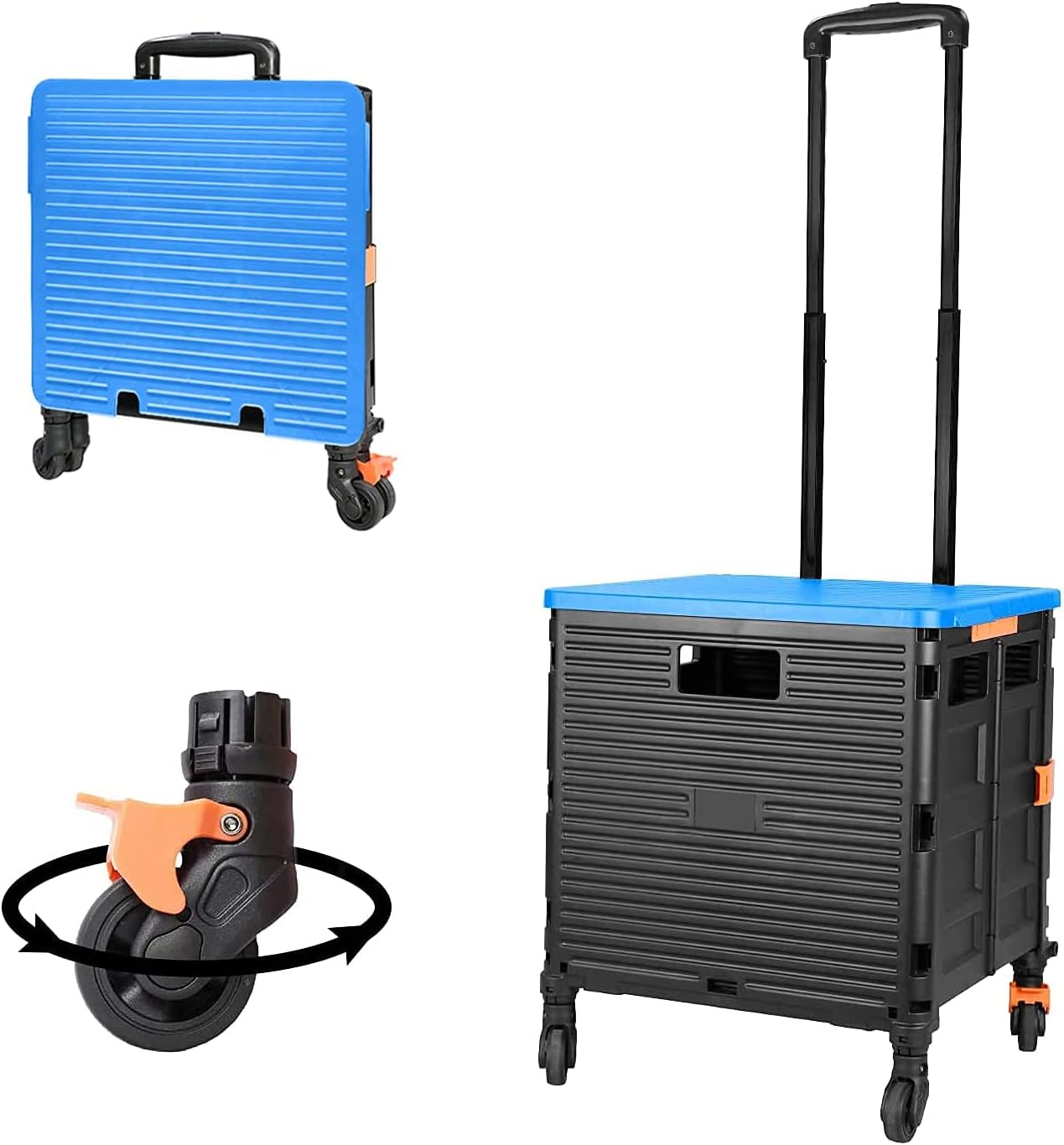 SELORSS Foldable Utility Cart Folding Portable Rolling Crate-Yellow | Durable,Heavy Duty,Plastic Box,Telescoping Handle,4 Rotate Wheels,Collapsible Handcart for Travel Shop Move Luggage Office