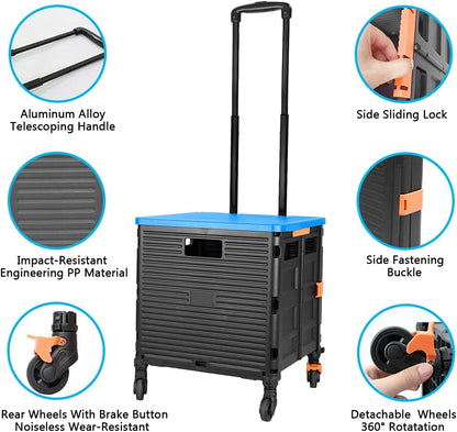 SELORSS Foldable Utility Cart Folding Portable Rolling Crate-Yellow | Durable,Heavy Duty,Plastic Box,Telescoping Handle,4 Rotate Wheels,Collapsible Handcart for Travel Shop Move Luggage Office
