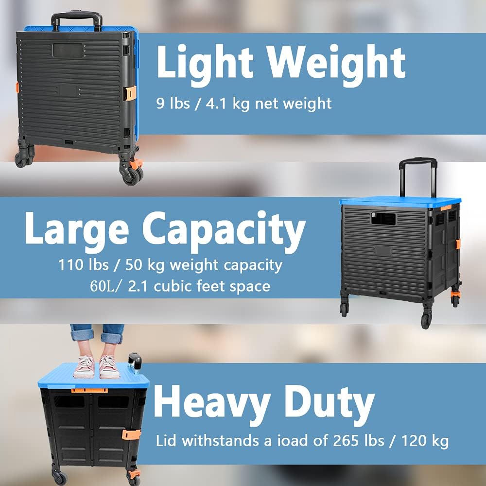 SELORSS Foldable Utility Cart Folding Portable Rolling Crate-Yellow | Durable,Heavy Duty,Plastic Box,Telescoping Handle,4 Rotate Wheels,Collapsible Handcart for Travel Shop Move Luggage Office