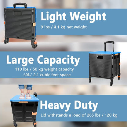 SELORSS Foldable Utility Cart Folding Portable Rolling Crate-Yellow | Durable,Heavy Duty,Plastic Box,Telescoping Handle,4 Rotate Wheels,Collapsible Handcart for Travel Shop Move Luggage Office