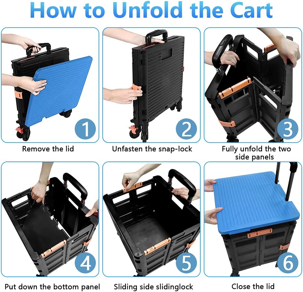 SELORSS Foldable Utility Cart Folding Portable Rolling Crate-Yellow | Durable,Heavy Duty,Plastic Box,Telescoping Handle,4 Rotate Wheels,Collapsible Handcart for Travel Shop Move Luggage Office