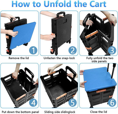 SELORSS Foldable Utility Cart Folding Portable Rolling Crate-Yellow | Durable,Heavy Duty,Plastic Box,Telescoping Handle,4 Rotate Wheels,Collapsible Handcart for Travel Shop Move Luggage Office