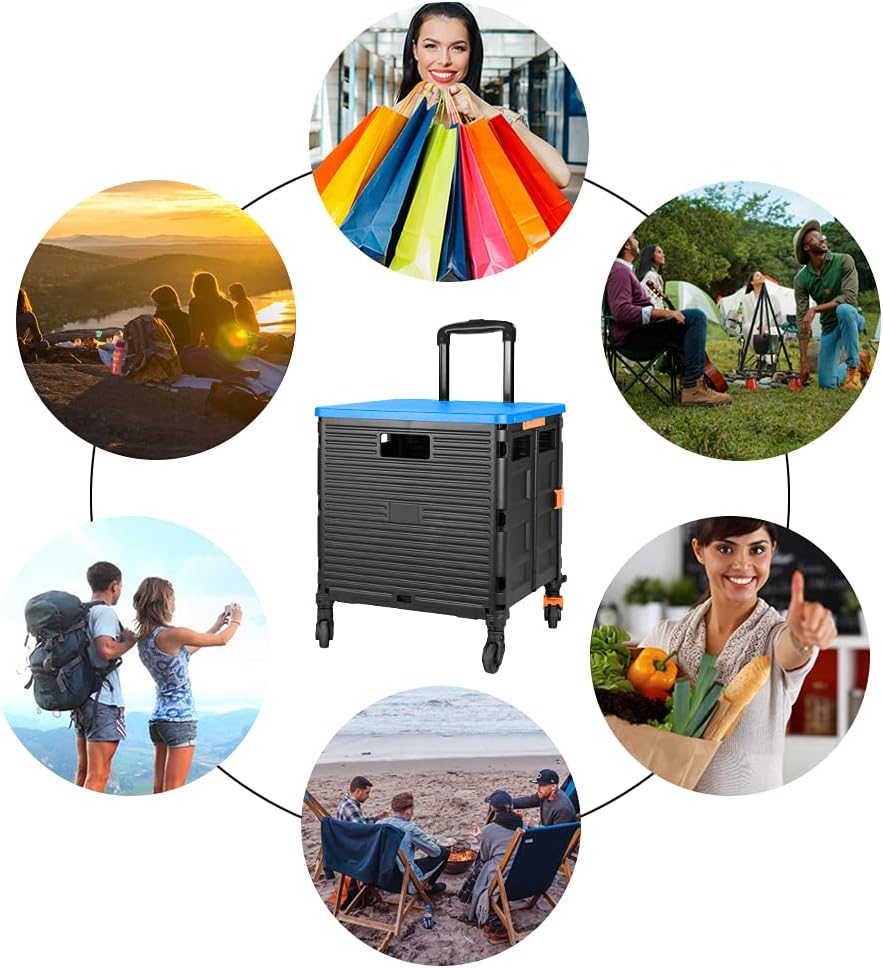 SELORSS Foldable Utility Cart Folding Portable Rolling Crate-Yellow | Durable,Heavy Duty,Plastic Box,Telescoping Handle,4 Rotate Wheels,Collapsible Handcart for Travel Shop Move Luggage Office
