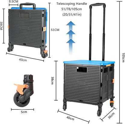 SELORSS Foldable Utility Cart Folding Portable Rolling Crate-Yellow | Durable,Heavy Duty,Plastic Box,Telescoping Handle,4 Rotate Wheels,Collapsible Handcart for Travel Shop Move Luggage Office