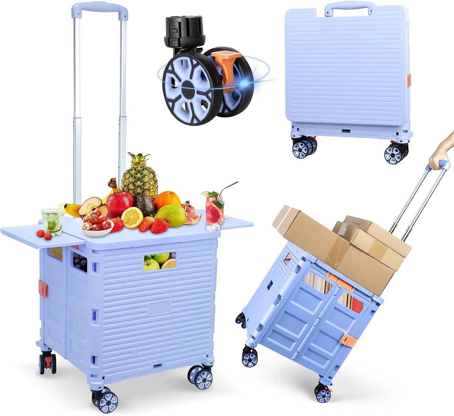 SELORSS Foldable Utility Cart Folding Portable Rolling Crate-Yellow | Durable,Heavy Duty,Plastic Box,Telescoping Handle,4 Rotate Wheels,Collapsible Handcart for Travel Shop Move Luggage Office