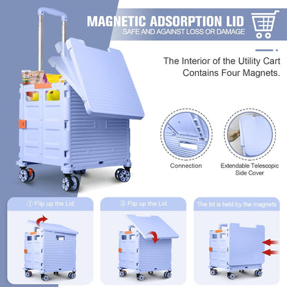 SELORSS Foldable Utility Cart Folding Portable Rolling Crate-Yellow | Durable,Heavy Duty,Plastic Box,Telescoping Handle,4 Rotate Wheels,Collapsible Handcart for Travel Shop Move Luggage Office
