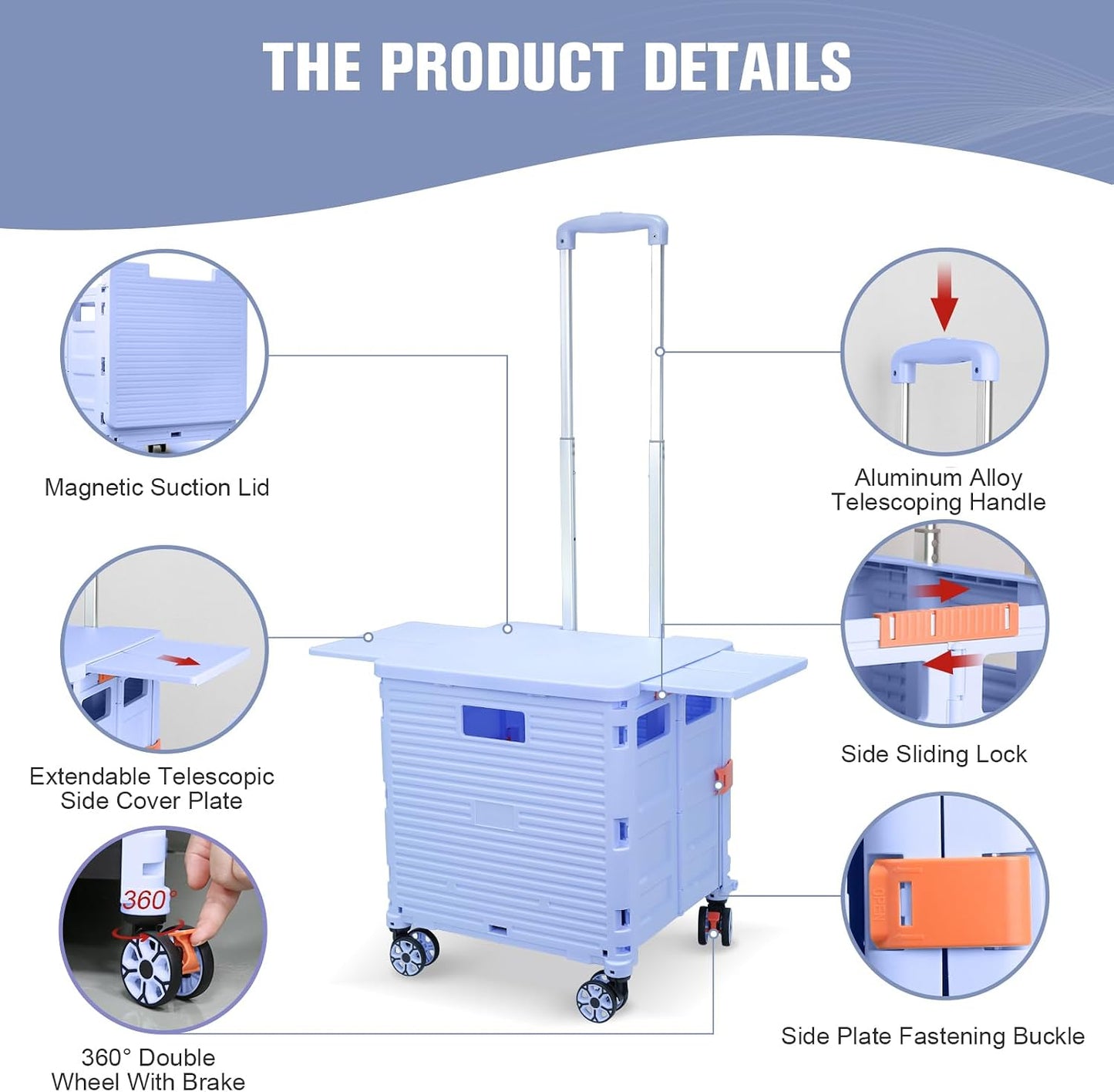 SELORSS Foldable Utility Cart Folding Portable Rolling Crate-Yellow | Durable,Heavy Duty,Plastic Box,Telescoping Handle,4 Rotate Wheels,Collapsible Handcart for Travel Shop Move Luggage Office