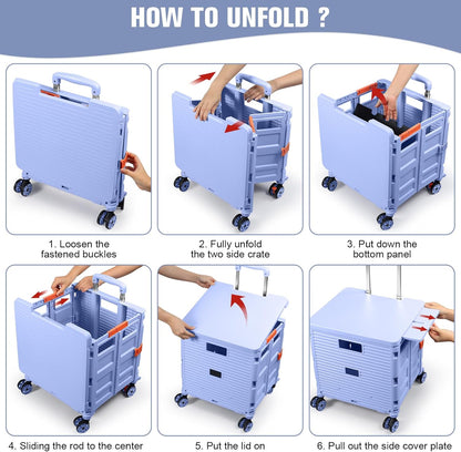 SELORSS Foldable Utility Cart Folding Portable Rolling Crate-Yellow | Durable,Heavy Duty,Plastic Box,Telescoping Handle,4 Rotate Wheels,Collapsible Handcart for Travel Shop Move Luggage Office