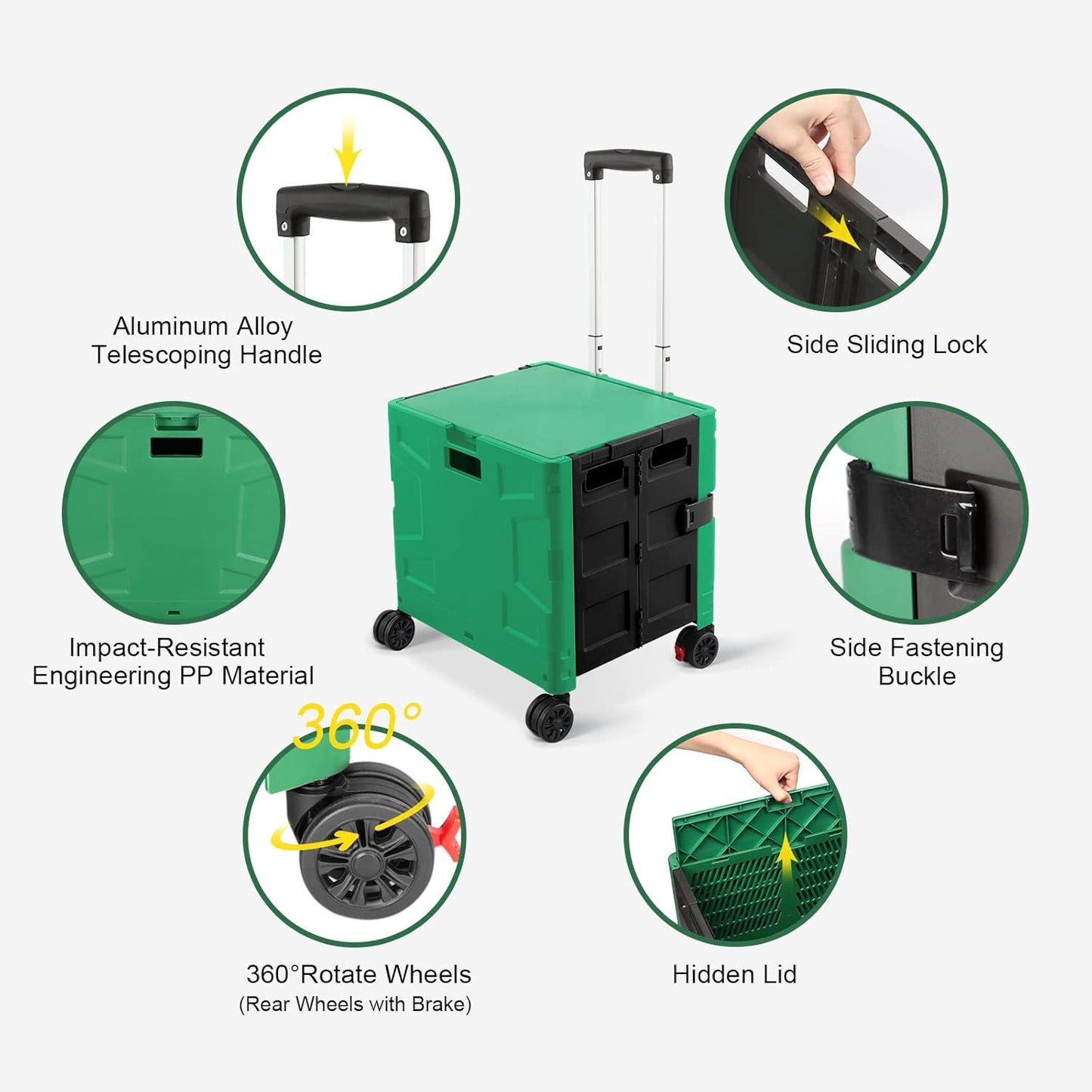 SELORSS Foldable Utility Cart Folding Portable Rolling Crate-Yellow | Durable,Heavy Duty,Plastic Box,Telescoping Handle,4 Rotate Wheels,Collapsible Handcart for Travel Shop Move Luggage Office