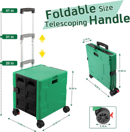 SELORSS Foldable Utility Cart Folding Portable Rolling Crate-Yellow | Durable,Heavy Duty,Plastic Box,Telescoping Handle,4 Rotate Wheels,Collapsible Handcart for Travel Shop Move Luggage Office