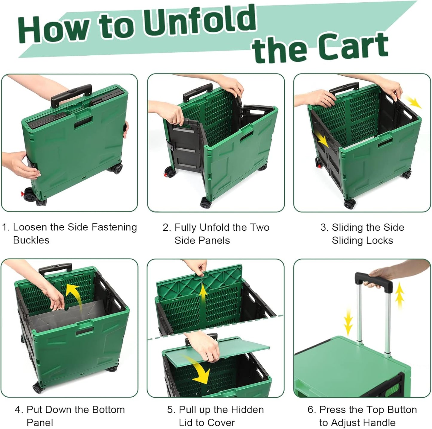 SELORSS Foldable Utility Cart Folding Portable Rolling Crate-Yellow | Durable,Heavy Duty,Plastic Box,Telescoping Handle,4 Rotate Wheels,Collapsible Handcart for Travel Shop Move Luggage Office