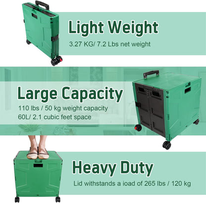 SELORSS Foldable Utility Cart Folding Portable Rolling Crate-Yellow | Durable,Heavy Duty,Plastic Box,Telescoping Handle,4 Rotate Wheels,Collapsible Handcart for Travel Shop Move Luggage Office