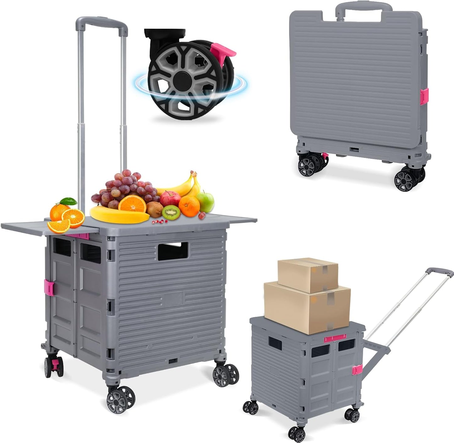 SELORSS Foldable Utility Cart Folding Portable Rolling Crate-Yellow | Durable,Heavy Duty,Plastic Box,Telescoping Handle,4 Rotate Wheels,Collapsible Handcart for Travel Shop Move Luggage Office
